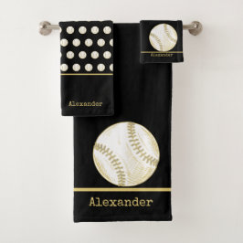 Monogram Name Baseball Gold Black Badhandtuch Set