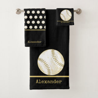 Monogram Name Baseball Gold Black Badhandtuch Set