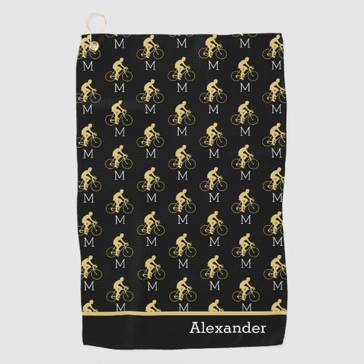 Monogram Name Bicycle Gold Black Golf Handtuch (Vorderseite)