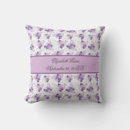 Monogram Name Birth Stats Lila Pink Floral Kissen