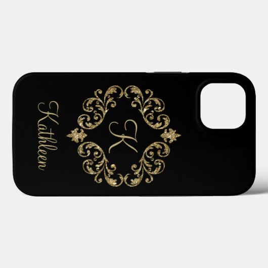 Monogram Name Black Gold Glitzer Damask Geblüht Case-Mate iPhone Hülle (Rückseite (Horizontal))