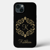 Monogram Name Black Gold Glitzer Damask Geblüht Case-Mate iPhone Hülle (Rückseite)
