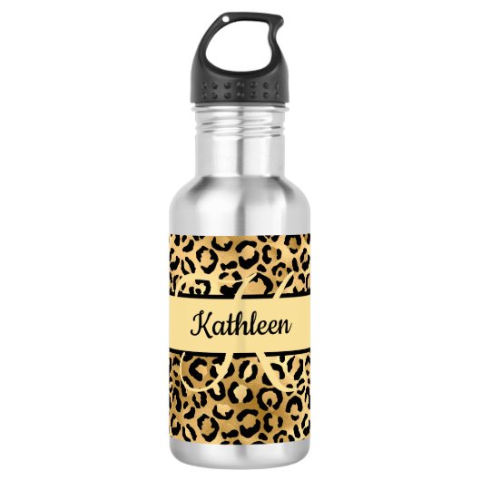 Monogram Name Black Gold Leopard Cheetah Print Edelstahlflasche (Vorderseite)