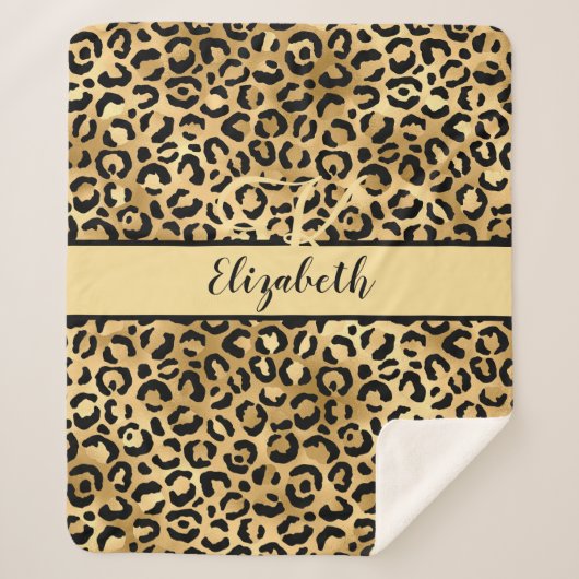 Monogram Name Black Gold Leopard Cheetah Print Sherpadecke (Vorderseite)