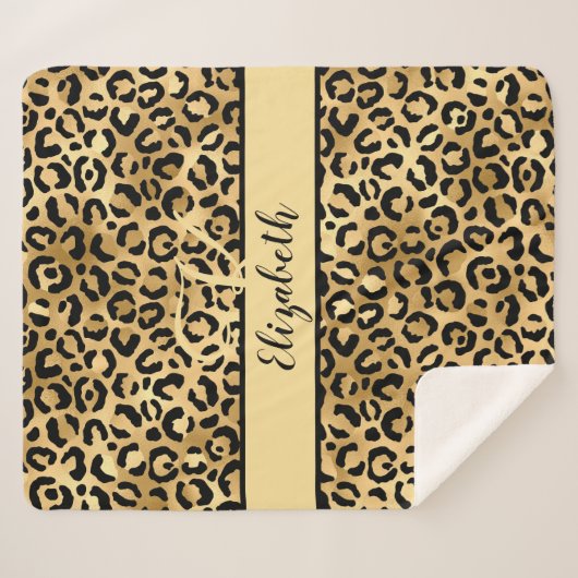 Monogram Name Black Gold Leopard Cheetah Print Sherpadecke (Vorderseite (Horizontal))