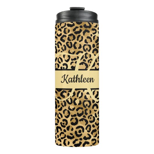 Monogram Name Black Gold Leopard Cheetah Print Thermosbecher (Vorderseite)