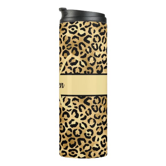 Monogram Name Black Gold Leopard Cheetah Print Thermosbecher (Nach rechts gedreht)