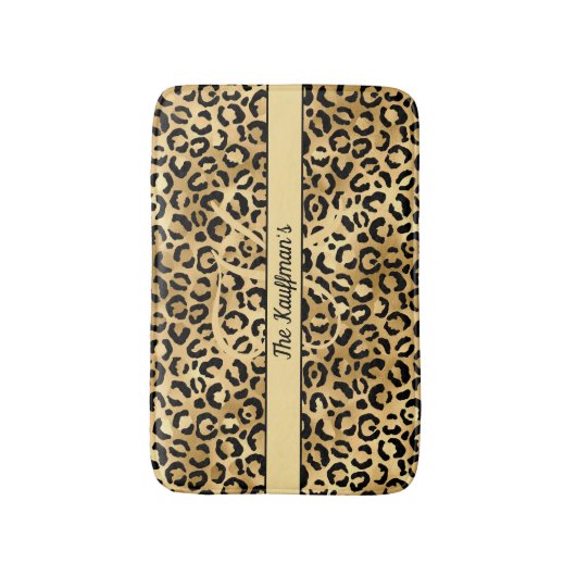 Monogram Name Black Gold Leopard Print Cheetah Badematte (Vorderseite Vertikal)