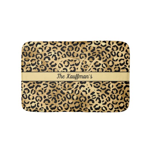 Monogram Name Black Gold Leopard Print Cheetah Badematte (Vorderseite)