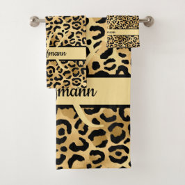 Monogram Name Black Gold Leopard Print Cheetah Badhandtuch Set
