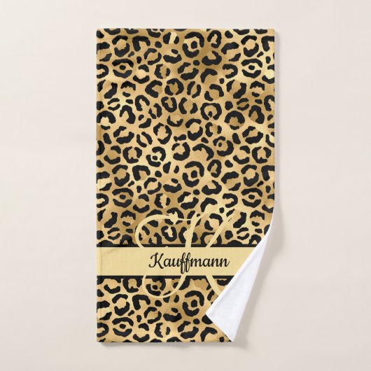 Monogram Name Black Gold Leopard Print Cheetah Badhandtuch Set (Handtuch)