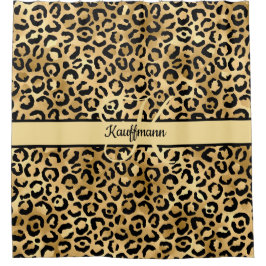 Monogram Name Black Gold Leopard Print Cheetah Duschvorhang