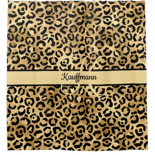 Monogram Name Black Gold Leopard Print Cheetah Duschvorhang (Vorderseite)