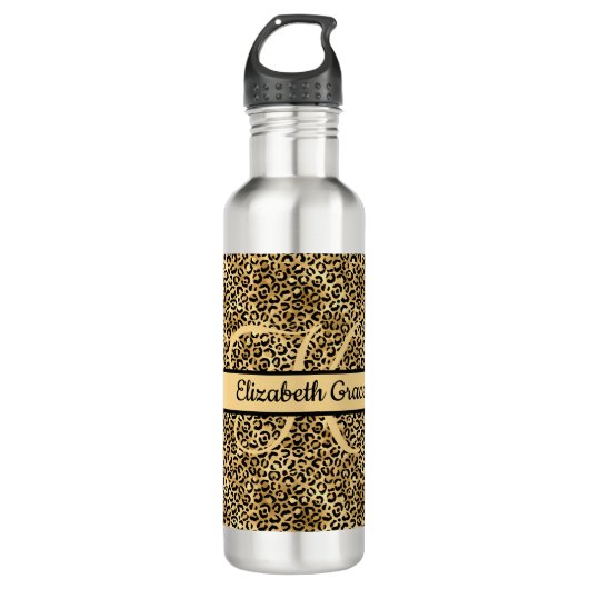 Monogram Name Black Gold Leopard Print Cheetah Edelstahlflasche (Vorderseite)
