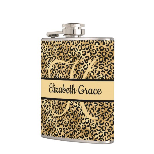Monogram Name Black Gold Leopard Print Cheetah Flachmann (Links)