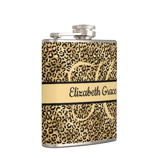 Monogram Name Black Gold Leopard Print Cheetah Flachmann (Rechts)