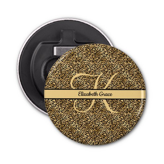 Monogram Name Black Gold Leopard Print Cheetah Flaschenöffner (Vorderseite)