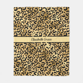 Monogram Name Black Gold Leopard Print Cheetah Fleecedecke