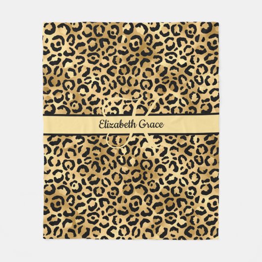 Monogram Name Black Gold Leopard Print Cheetah Fleecedecke (Vorderseite)