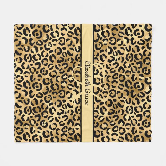 Monogram Name Black Gold Leopard Print Cheetah Fleecedecke (Vorderseite (Horizontal))