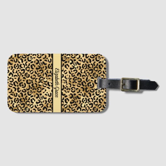 Monogram Name Black Gold Leopard Print Cheetah Gepäckanhänger (Vorderseite (Horizontal))