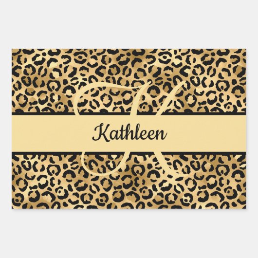 Monogram Name Black Gold Leopard Print Cheetah Geschenkpapier Set (Vorderseite 2)