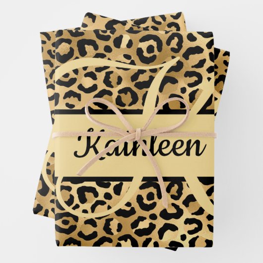 Monogram Name Black Gold Leopard Print Cheetah Geschenkpapier Set (Beispiel)