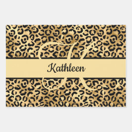 Monogram Name Black Gold Leopard Print Cheetah Geschenkpapier Set