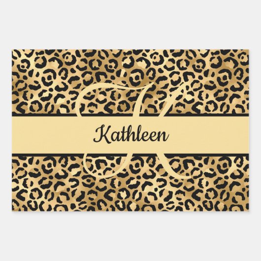 Monogram Name Black Gold Leopard Print Cheetah Geschenkpapier Set (Vorderseite)