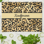 Monogram Name Black Gold Leopard Print Cheetah Geschirrtuch (Gefaltet)