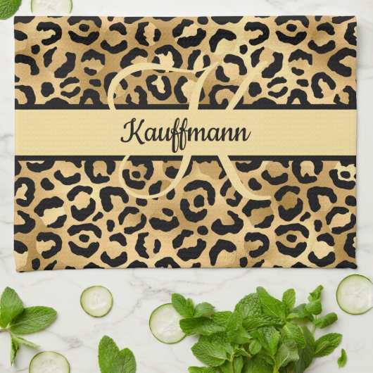 Monogram Name Black Gold Leopard Print Cheetah Geschirrtuch (Gefaltet)