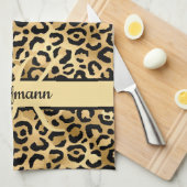 Monogram Name Black Gold Leopard Print Cheetah Geschirrtuch (Viertel Falte)