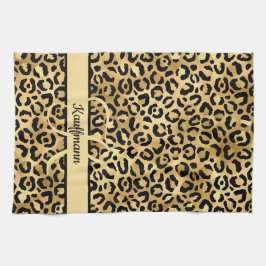 Monogram Name Black Gold Leopard Print Cheetah Geschirrtuch