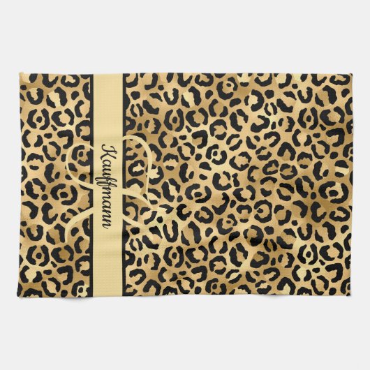Monogram Name Black Gold Leopard Print Cheetah Geschirrtuch (Horizontal)
