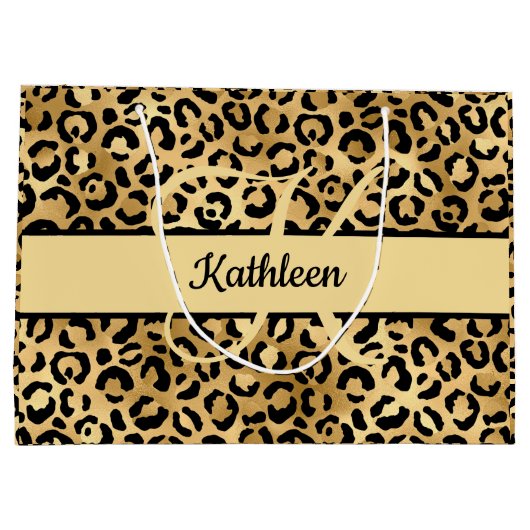 Monogram Name Black Gold Leopard Print Cheetah Große Geschenktüte (Rückseite)