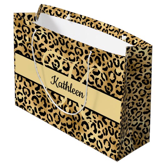 Monogram Name Black Gold Leopard Print Cheetah Große Geschenktüte (Rückseite Schrägansicht)