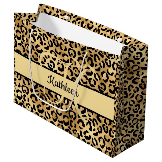 Monogram Name Black Gold Leopard Print Cheetah Große Geschenktüte (Vorderseite Schrägansicht)