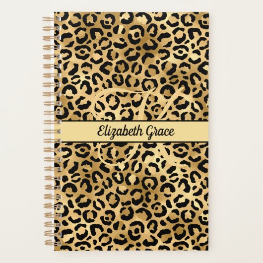 Monogram Name Black Gold Leopard Print Cheetah Planer (Vorderseite)