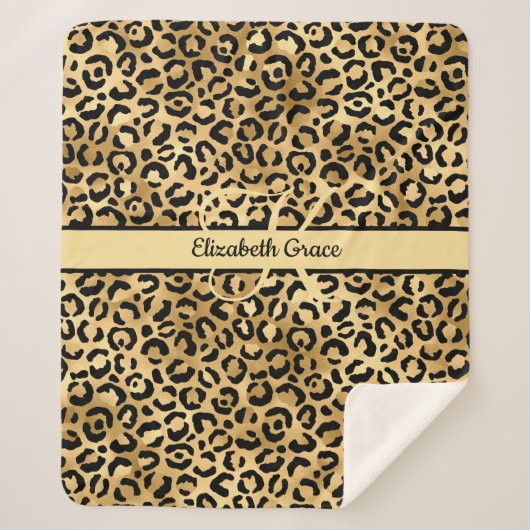 Monogram Name Black Gold Leopard Print Cheetah Sherpadecke (Vorderseite)