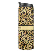 Monogram Name Black Gold Leopard Print Cheetah Thermosbecher (Nach rechts gedreht)
