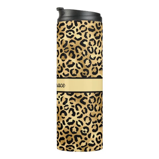 Monogram Name Black Gold Leopard Print Cheetah Thermosbecher (Nach rechts gedreht)