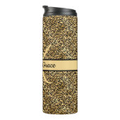 Monogram Name Black Gold Leopard Print Cheetah Thermosbecher (Nach rechts gedreht)