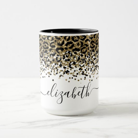 Monogram Name Black Gold Leopard Print Chic Trendy Tasse (Zentrum)
