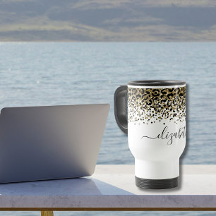 Monogram Name Black Gold Leopard Print Chic Trendy Tasse