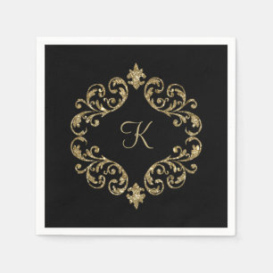 Monogram Name Black Gold Wedding Formal Party Serviette