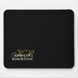 Monogram Name Black Gold White Minimalist Elegant Mousepad