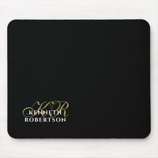 Monogram Name Black Gold White Minimalist Elegant Mousepad (Vorne)