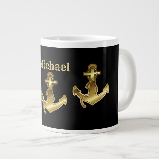 Monogram Name Black & Imitate Gold Nautical Anker Jumbo-Tasse (Vorderseite Rechts)