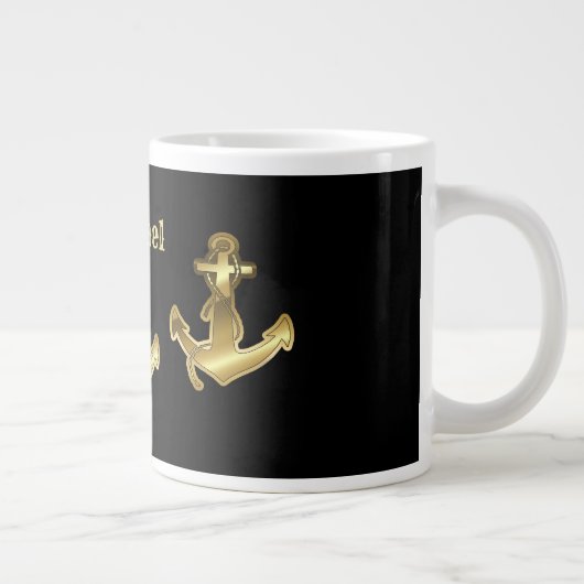 Monogram Name Black & Imitate Gold Nautical Anker Jumbo-Tasse (Rechts)