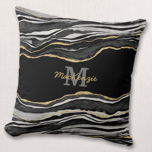 Monogram Name Black Marble Agate Gold Glitzer Kissen